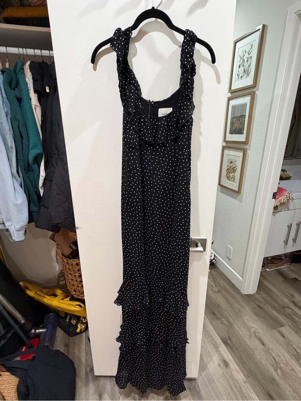 Reformation Black Polka Dot Ruffle Maxi Dress